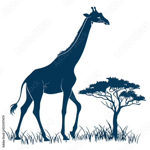 Silhouette illustration of a graceful giraffe roaming with acacia tree on white background
