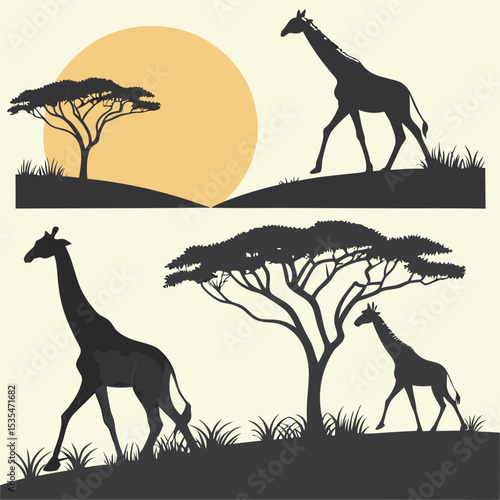 Silhouette illustration of giraffes and african acacia trees against a sunset backdrop design