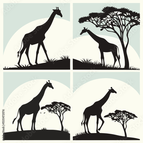 Silhouette illustrations of giraffes and trees in african savanna landscapes presented in four separate panels