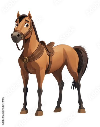 Animated cartoon brown horse with saddle and expressive eyes
