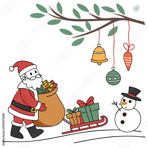 Santa Claus character in red suit carrying a large sack of gifts on a sleigh, with a snowman and festive decorations in a cheerful winter scene