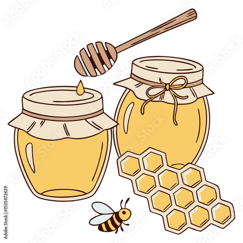 Two jars of honey with a wooden dipper, surrounded by honeycomb and a bee, showcasing natural sweetness and organic ingredients in a vibrant illustration style