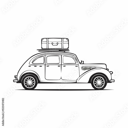 Vintage Car with Suitcase Monochrome Minimalist Vector Illustration
