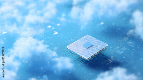 A futuristic AI chip in a cloud network symbolizing decentralized computing