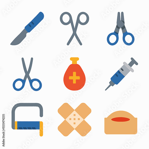 A collection of medical tools and supplies including scissors, scalpel, syringe, bandage, and other equipment.