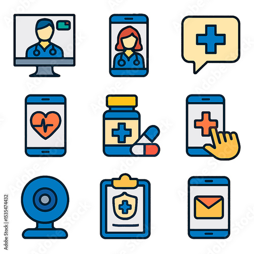 Collection of colorful, flat icons representing telehealth and healthcare services.