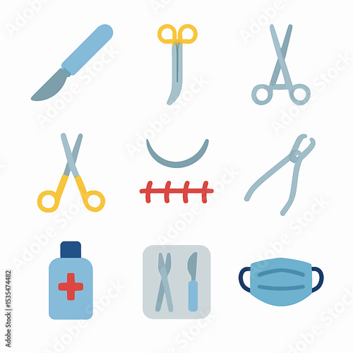 Flattened icons of various medical surgical instruments and supplies.