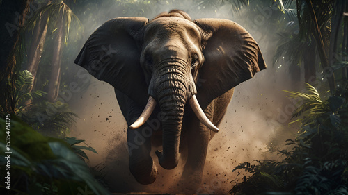 Angry Elephant Charging Through Dense Jungle