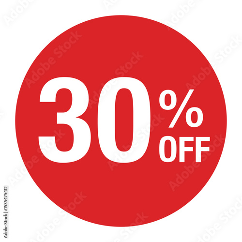 ”30％OFF ”の文字入り　丸のベクターイラスト　赤色　白文字　背景透過　
