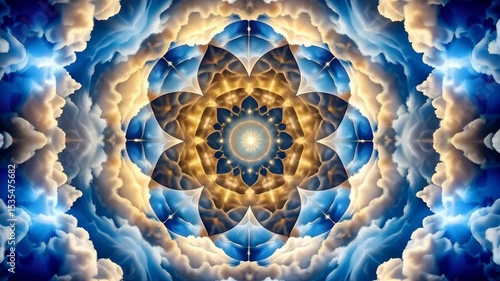 Kaleidoscopic cloud pattern with central celestial sphere of radiant light and intricate golden and blue design.