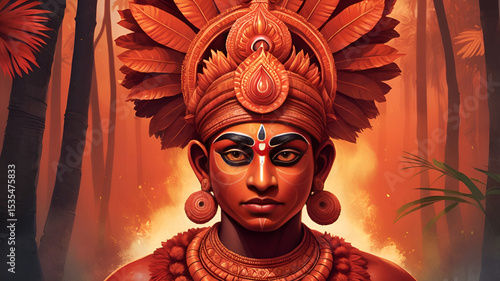 Kerala Theyyam Performer with Ornate Headgear in Forest Background