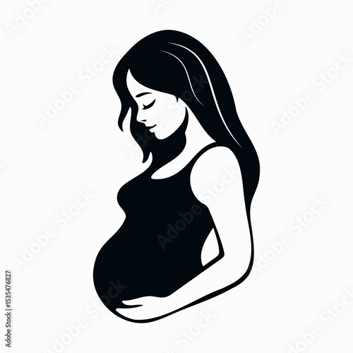 Silhouette of a Pregnant Woman in Profile Vector Illustration. The woman is shown gently holding her baby bump with both hands, with her head bowed slightly and eyes closed.
