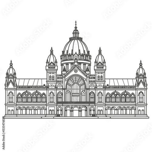 Chhatrapati Shivaji Maharaj Terminus Mumbai Line Art Illustration, Detailed Black and White Drawing of Famous Victorian Gothic Railway Station with Dome, Clock Tower, Arches and Historic Architecture