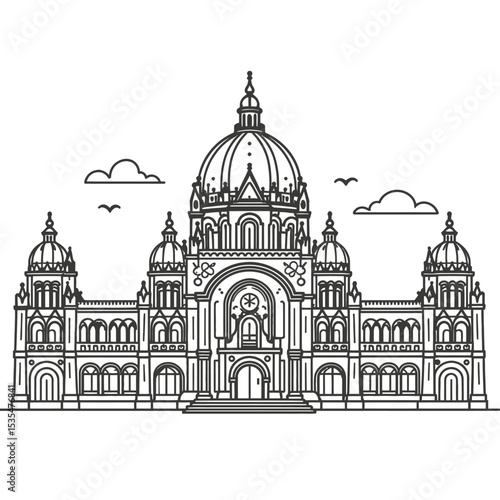 Chhatrapati Shivaji Maharaj Terminus Mumbai Line Art Illustration, Detailed Black and White Drawing of Famous Victorian Gothic Railway Station with Dome, Clock Tower, Arches and Historic Architecture