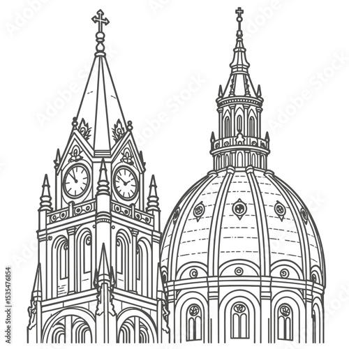 Chhatrapati Shivaji Maharaj Terminus Mumbai Line Art Illustration, Detailed Black and White Drawing of Famous Victorian Gothic Railway Station with Dome, Clock Tower, Arches and Historic Architecture