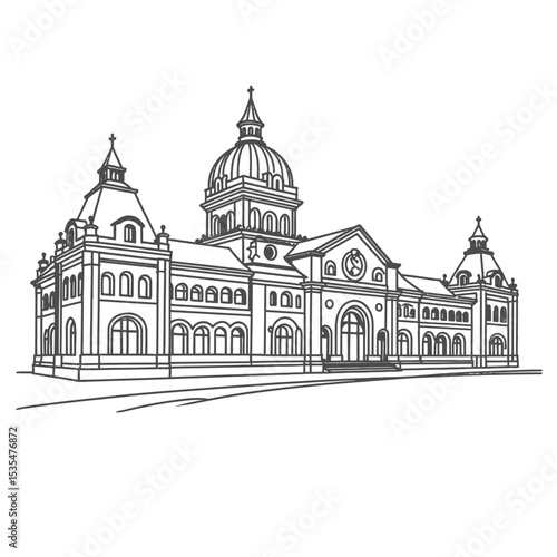 Chhatrapati Shivaji Maharaj Terminus Mumbai Line Art Illustration, Detailed Black and White Drawing of Famous Victorian Gothic Railway Station with Dome, Clock Tower, Arches and Historic Architecture