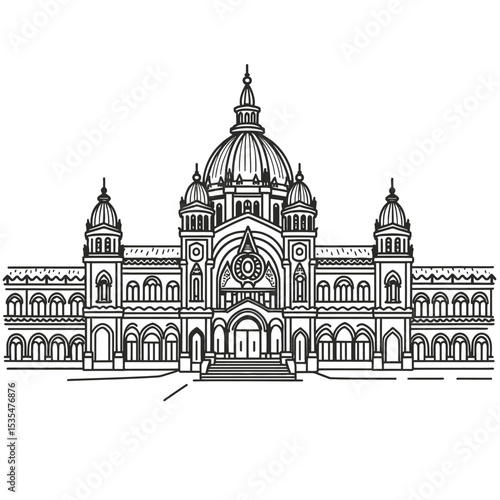 Chhatrapati Shivaji Maharaj Terminus Mumbai Line Art Illustration, Detailed Black and White Drawing of Famous Victorian Gothic Railway Station with Dome, Clock Tower, Arches and Historic Architecture