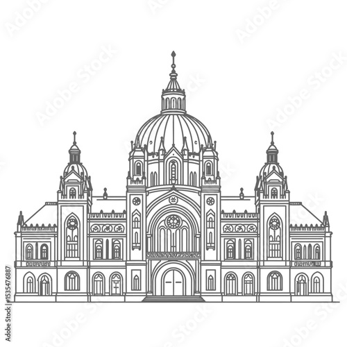 Chhatrapati Shivaji Maharaj Terminus Mumbai Line Art Illustration, Detailed Black and White Drawing of Famous Victorian Gothic Railway Station with Dome, Clock Tower, Arches and Historic Architecture