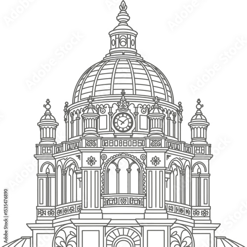Chhatrapati Shivaji Maharaj Terminus Mumbai Line Art Illustration, Detailed Black and White Drawing of Famous Victorian Gothic Railway Station with Dome, Clock Tower, Arches and Historic Architecture