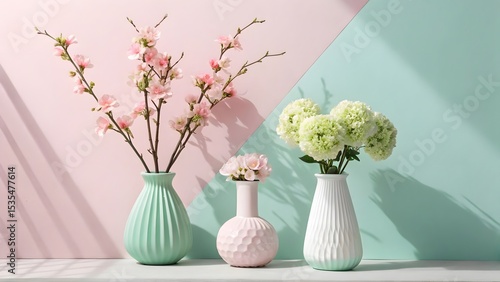 Pastel pink and green vases with spring flowers