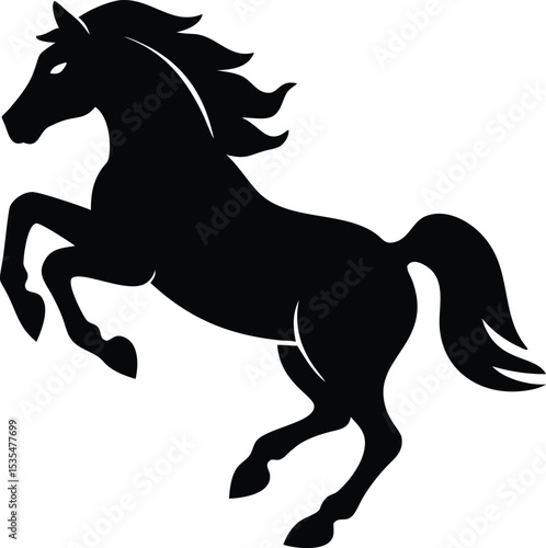 Black silhouette of a prancing horse depicting freedom and elegance against white background