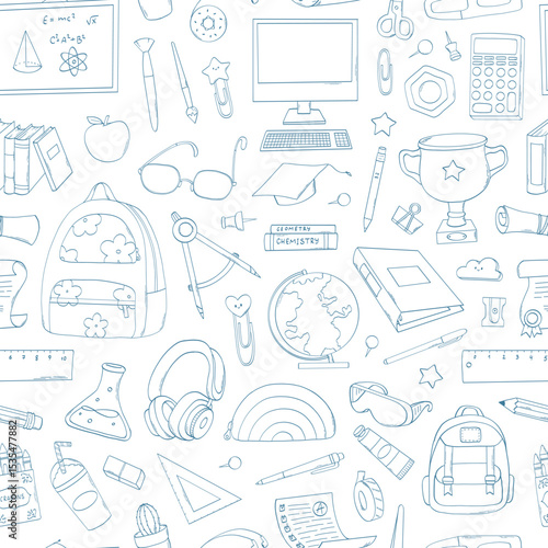 School seamless pattern with monochrome doodles for wallpapers, backgrounds, scrapbooking, wrapping paper, stationery, packaging, etc. EPS 10