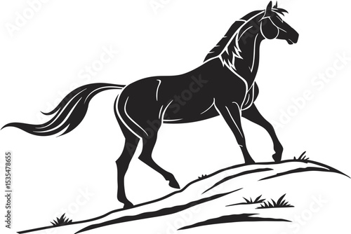 Elegant black and white horse silhouette walking on a hill with artistic vector illustration
