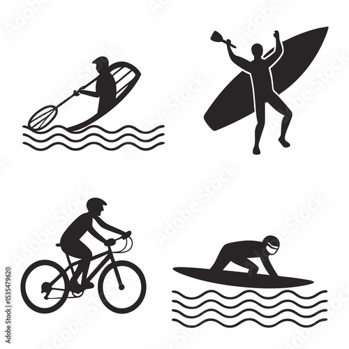 Black vector icons of summer activities: swimming, surfing, biking, kayaking – bold and simple silhouettes, 