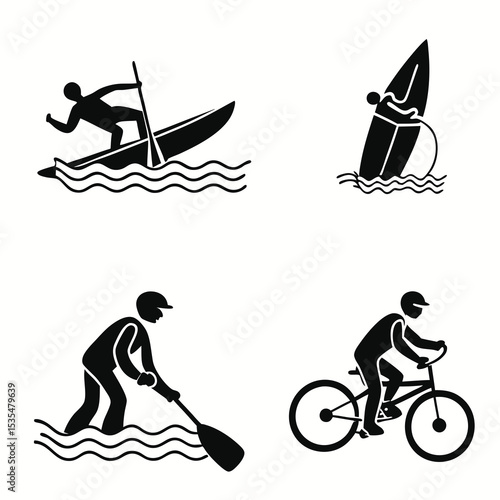 Black vector icons of summer activities: swimming, surfing, biking, kayaking – bold and simple silhouettes, 