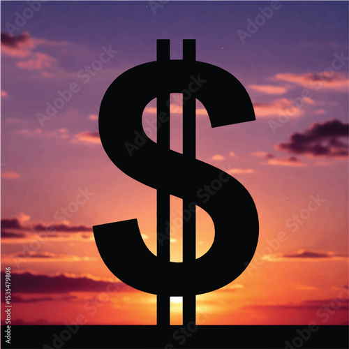 Golden dollar sign gleaming against a sunset sky, symbolizing financial success and wealth in the American economy