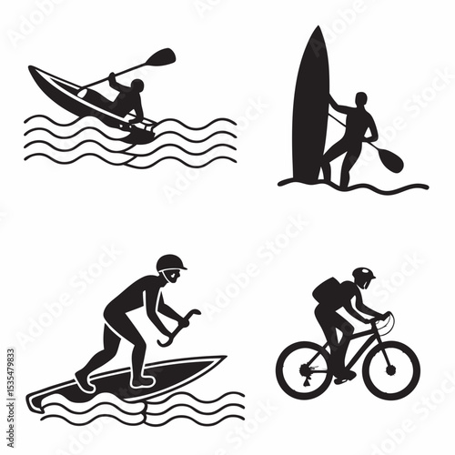Black vector icons of summer activities: swimming, surfing, biking, kayaking – bold and simple silhouettes, 