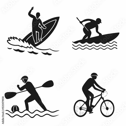Black vector icons of summer activities: swimming, surfing, biking, kayaking – bold and simple silhouettes, 