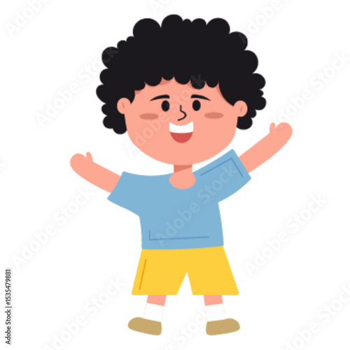 Happy Young Boy with Curly Black Hair Joyfully Cheering with Arms Raised and a Big Smile in a Cartoon Style.