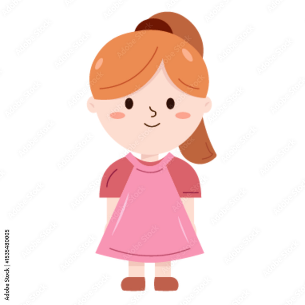 Charming Little Girl with Hair in a Ponytail Standing Happily in a Pink Dress, Simple and Cute Cartoon Vector. Charming Little Girl with Hair in a Ponytail Standing Happily in a Pink Dress, Simple and Cute Cartoon Vector.