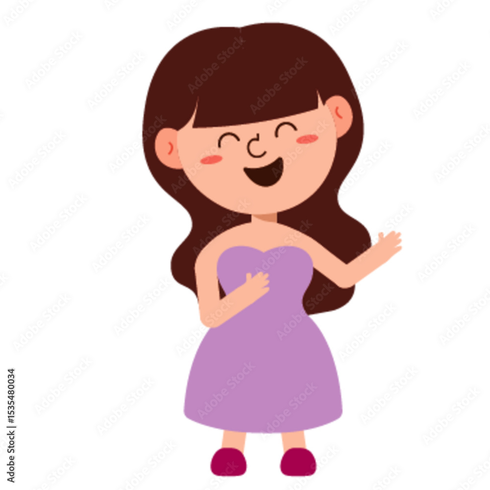 Cheerful Woman with Long Brown Hair Waving and Laughing Happily in an Elegant Strapless Purple Dress, Cartoon Vector. Cheerful Woman with Long Brown Hair Waving and Laughing Happily in an Elegant Strapless Purple Dress, Cartoon Vector.