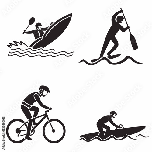 Black vector icons of summer activities: swimming, surfing, biking, kayaking – bold and simple silhouettes, 