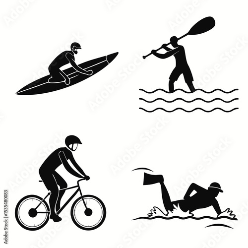 Black vector icons of summer activities: swimming, surfing, biking, kayaking – bold and simple silhouettes, 