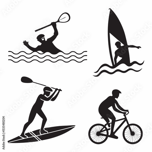 Black vector icons of summer activities: swimming, surfing, biking, kayaking – bold and simple silhouettes, 