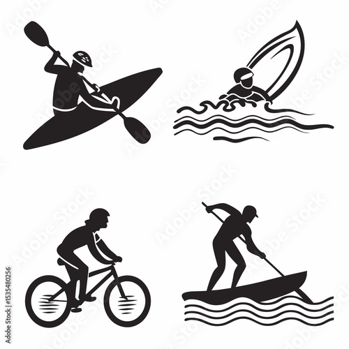 Black vector icons of summer activities: swimming, surfing, biking, kayaking – bold and simple silhouettes, 