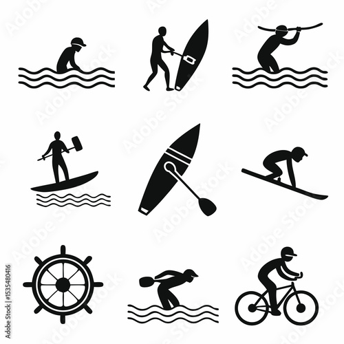 Black vector icons of summer activities: swimming, surfing, biking, kayaking – bold and simple silhouettes, 
