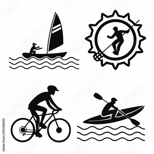Black vector icons of summer activities: swimming, surfing, biking, kayaking – bold and simple silhouettes, 