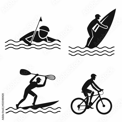 Black vector icons of summer activities: swimming, surfing, biking, kayaking – bold and simple silhouettes, 