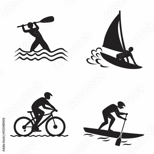 Black vector icons of summer activities: swimming, surfing, biking, kayaking – bold and simple silhouettes, 