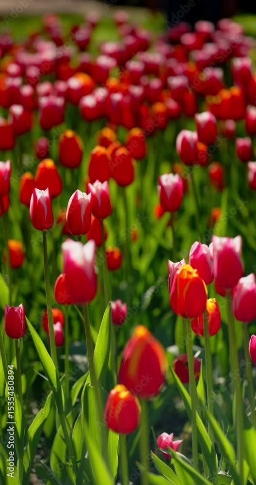An idyllic garden scene showcasing bright red tulips illuminated by warm sunlight in St.Petersburg, Russia, conveying vibrancy, freshness, and natural beauty in a serene outdoor setting An idyllic garden scene showcasing bright red tulips illuminated by warm sunlight in St.Petersburg, Russia, conveying vibrancy, freshness, and natural beauty in a serene outdoor setting