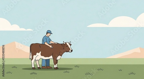 Man farmer petting cow on green field. Agricultural land and livestock farming. Rural landscape with happy farm animal.