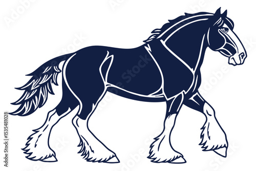 Elegant clydesdale horse illustration in navy blue and white running across the frame