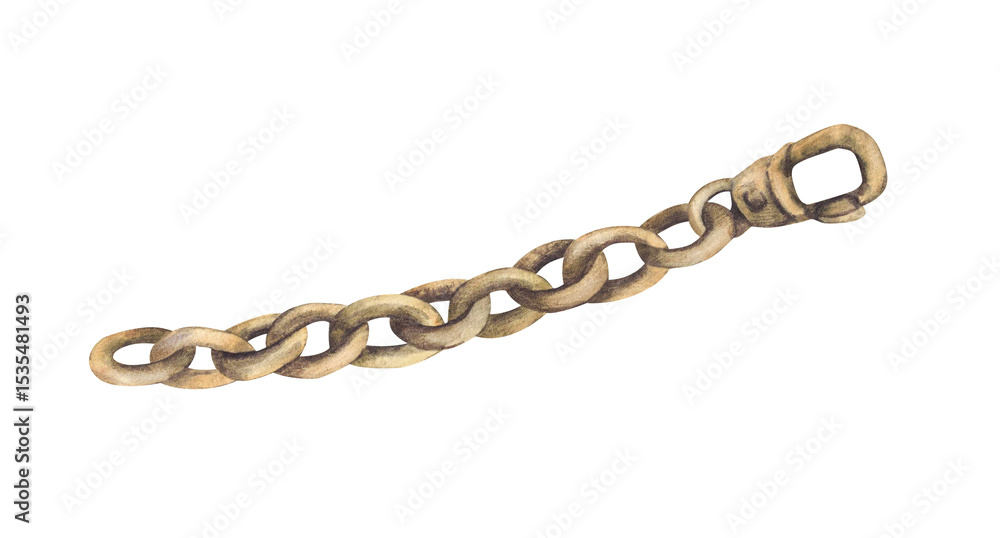 Obraz premium Piece of bronze chain with clasp, carabiner. Bronze, aged gold clothing accessory with latch. Element of mens Bavarian Germany costume Realistic watercolor hand painted object isolated from background