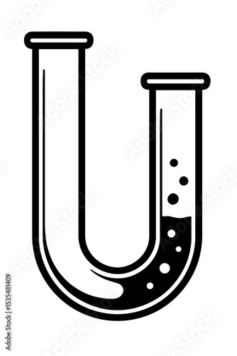 U-Shaped Test Tube with Bubbling Liquid - Black and White Vector Icon for Chemical Experiments