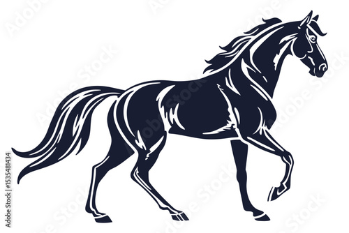 Elegant silhouette of a graceful horse striding against a clean white background