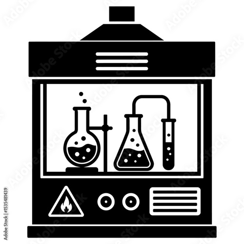 Chemistry Laboratory Fume Hood with Glassware - Black and White Vector for Scientific Research